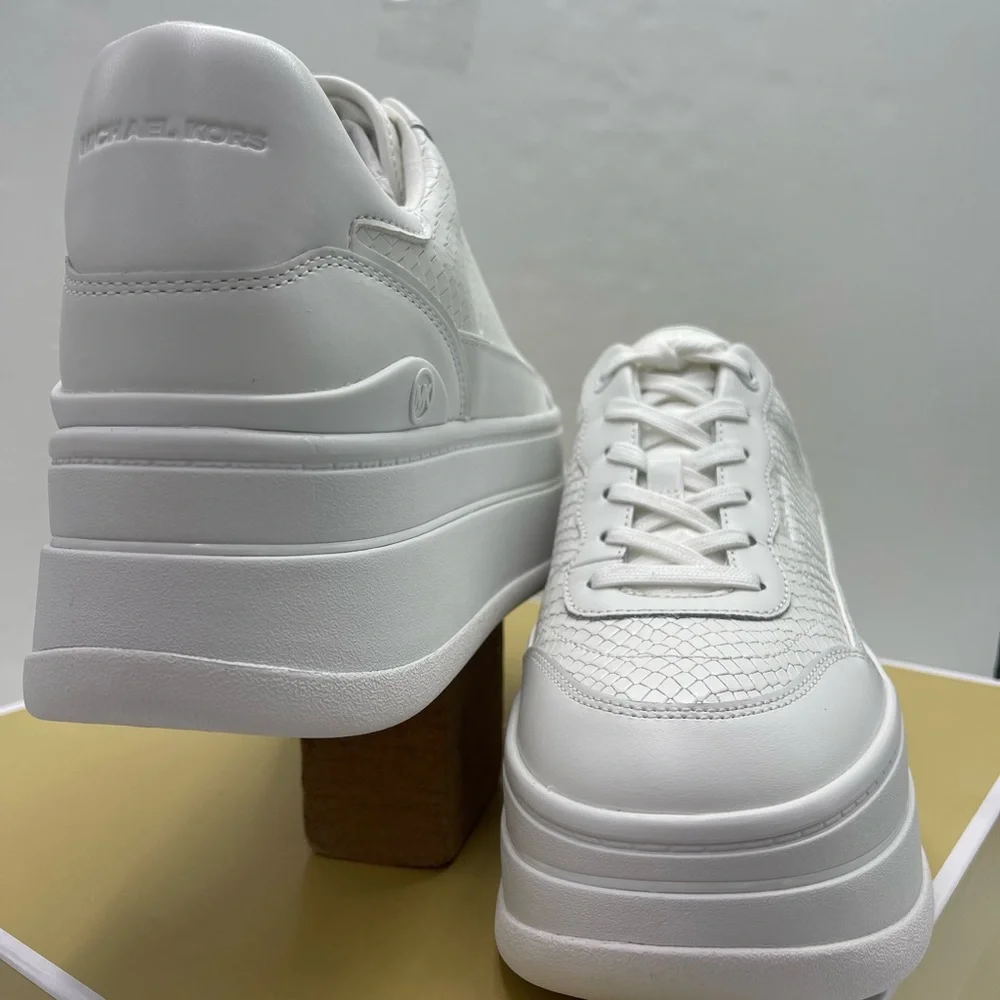 MICHAEL Kors All-White Platform Sneakers HAYES LACE UP EMBOSSED PRINTED LEATHER